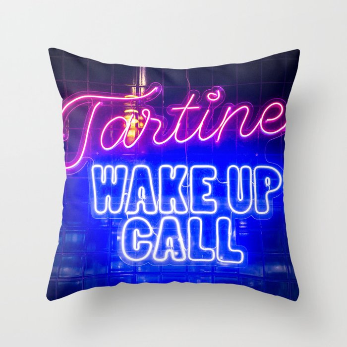 Blue and pink neon sign Tartine wake up call - hotdogs in Lissabon, Portugal Foodcourt - travel photography Throw Pillow