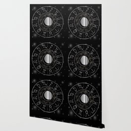 Zodiac astrology wheel Silver astrological signs with moon and stars Wallpaper