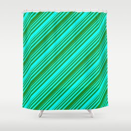 [ Thumbnail: Cyan and Forest Green Colored Lined/Striped Pattern Shower Curtain ]