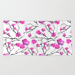 Cherry blossom Hanami ink Pattern Fuchsia  Beach Towel