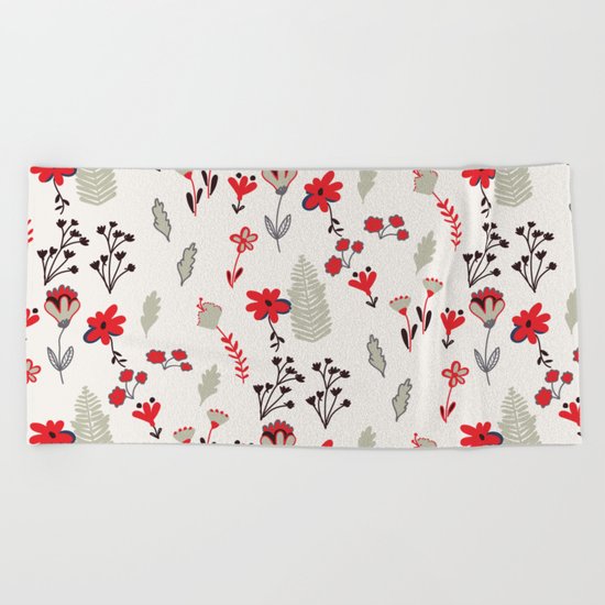 Red Vintage Floral Pattern Beach Towel