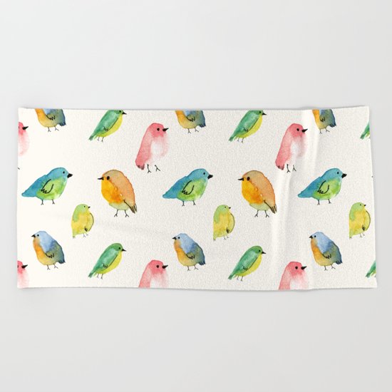 Watercolor Birds Pattern Beach Towel