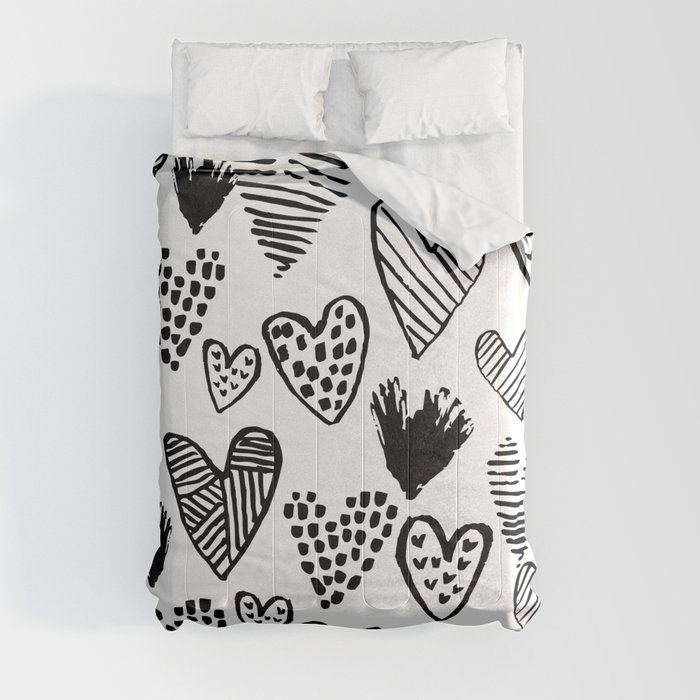 Hearts black and white hand drawn minimal love valentines day pattern gifts decor Comforter