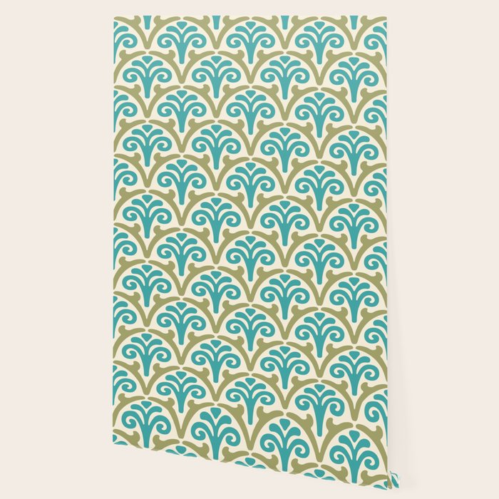 Floral Scallop Pattern Sage And Turquoise Wallpaper By Tonymagner Society6