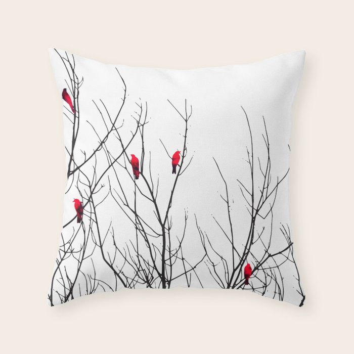 Artistic Bright Red Birds On Tree Branches Throw Pillow By