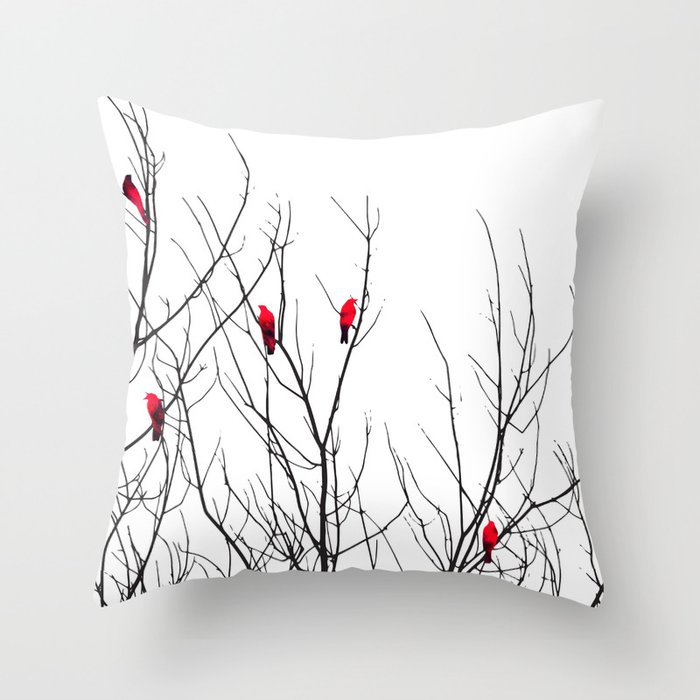 Artistic Bright Red Birds on Tree Branches Throw Pillow