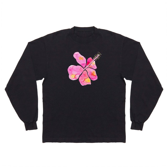 Watercolor Hibiscus- Pink Yellow Long Sleeve T Shirt