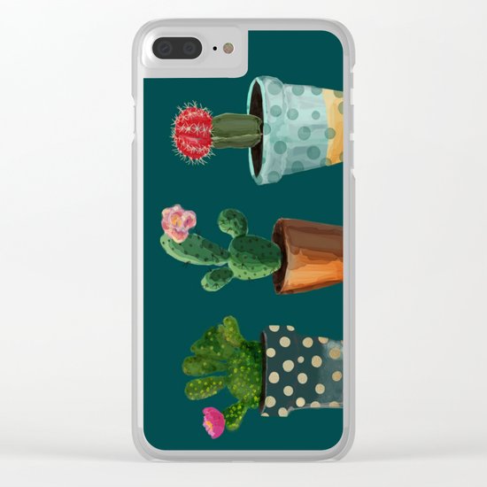 Three Cacti With Flowers On Green Background Clear iPhone Case