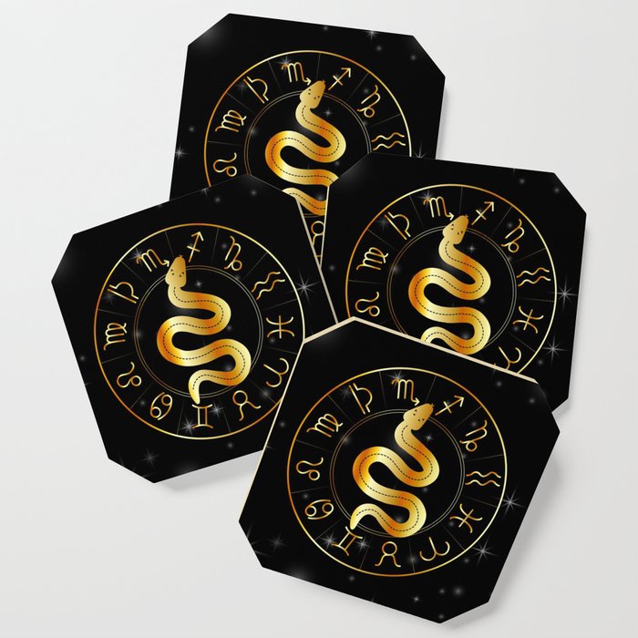 Zodiac symbols astrology signs with mystic serpentine in gold Coaster