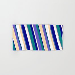 [ Thumbnail: Eyecatching Teal, Slate Blue, Tan, White, and Dark Blue Colored Stripes Pattern Hand & Bath Towel ]