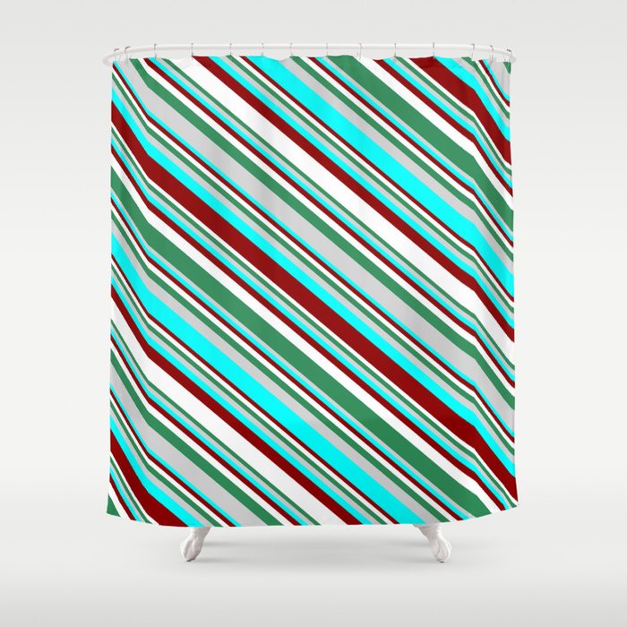 Eyecatching Sea Green, Light Grey, Cyan, Dark Red, and White Colored Lines Pattern Shower Curtain