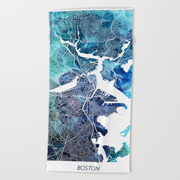 Boston Massachusetts Map Navy Blue Turquoise Watercolor Beach Towel