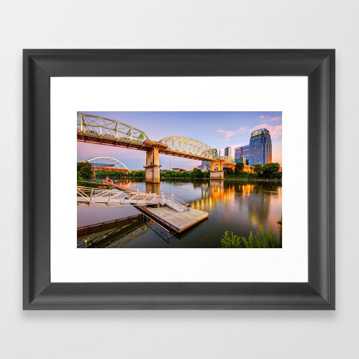 Nashville Pedestrian and Gateway Bridge at Dusk Framed Art Print