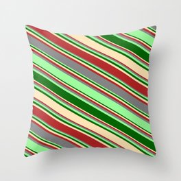 [ Thumbnail: Eyecatching Grey, Green, Dark Green, Beige, and Red Colored Lines Pattern Throw Pillow ]
