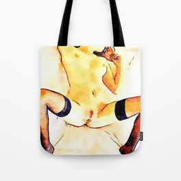 Naked girl stretched out with legs apart Tote Bag