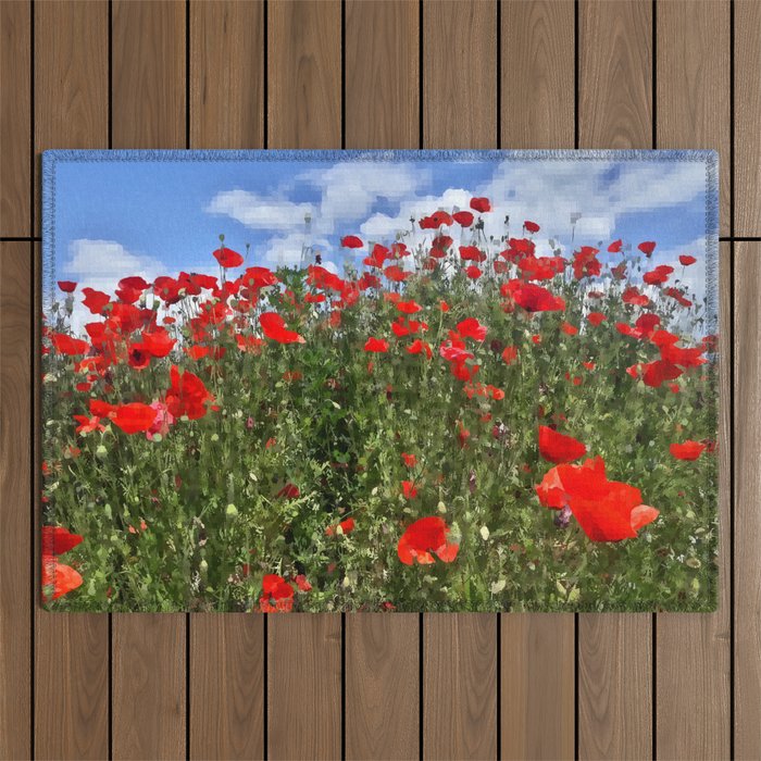 Red poppies blooming summer field pixel art Outdoor Rug