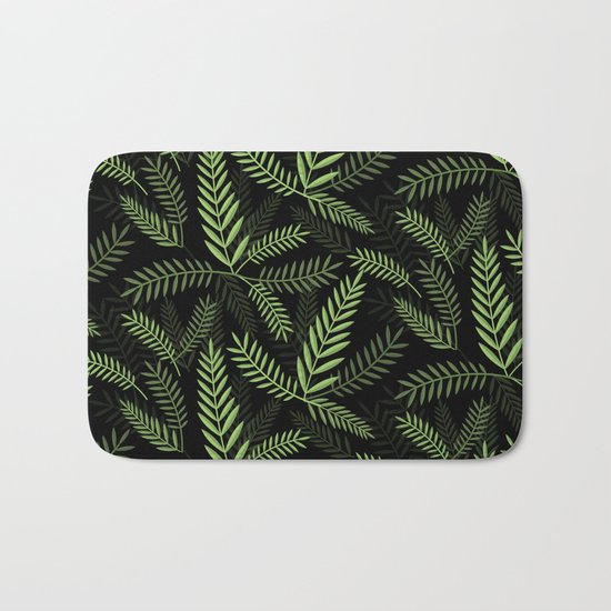 GREEN LEAVES ON BLACK Bath Mat