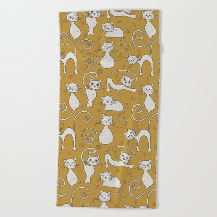 Mustard yellow and off-white cat pattern Beach Towel