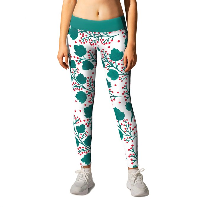 Hand painted watercolor red green floral pattern Leggings