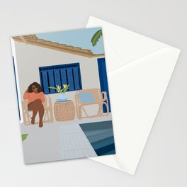 POOLSIDE Woman Relaxing Summer Pool Stationery Cards