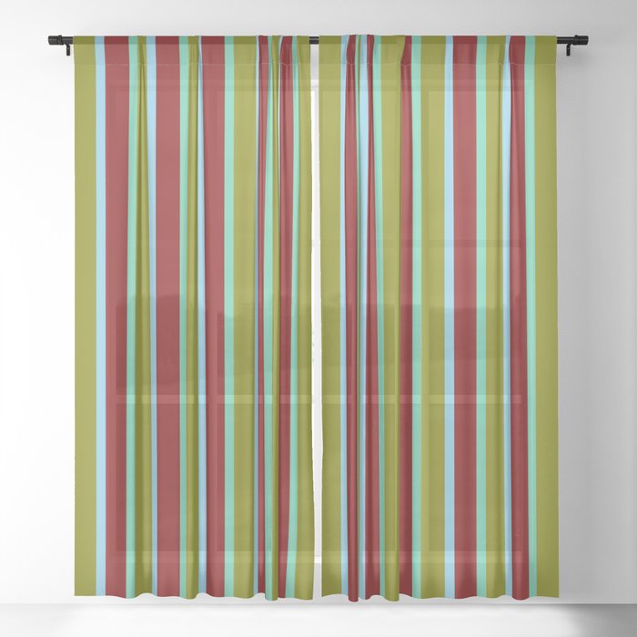 Green, Aquamarine, Maroon, and Sky Blue Colored Stripes Pattern Sheer Curtain
