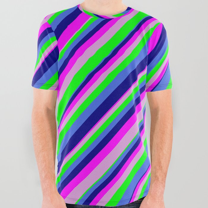 Eyecatching Royal Blue, Blue, Fuchsia, Plum, and Lime Colored Lined/Striped Pattern All Over Graphic Tee