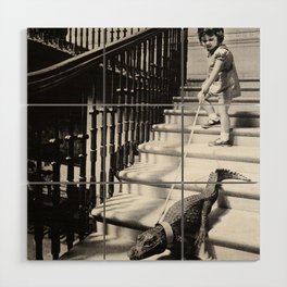 Little Girl with Pet Alligator on a leash black and white photograph / black and white photography Wood Wall Art