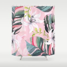 Seamless pattern of lillies and leaves paint painted in watercolor on pastel background, vintage style. Hand drawn botanical floral pattern illustration.  Shower Curtain