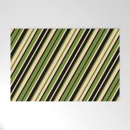 [ Thumbnail: Green, Tan & Black Colored Stripes/Lines Pattern Welcome Mat ]