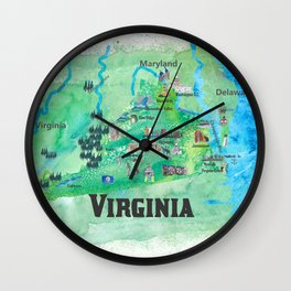 USA Virginia State Travel Poster Map with Touristic Highlights Wall Clock