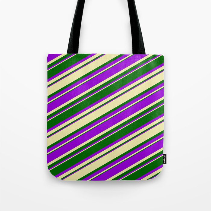Pale Goldenrod, Dark Green & Dark Violet Colored Lined Pattern Tote Bag