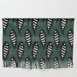 Abstract black and white fish pattern Pine green Wall Hanging