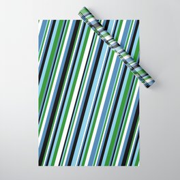 [ Thumbnail: Eye-catching Sky Blue, Forest Green, White, Blue & Black Colored Lined Pattern Wrapping Paper ]