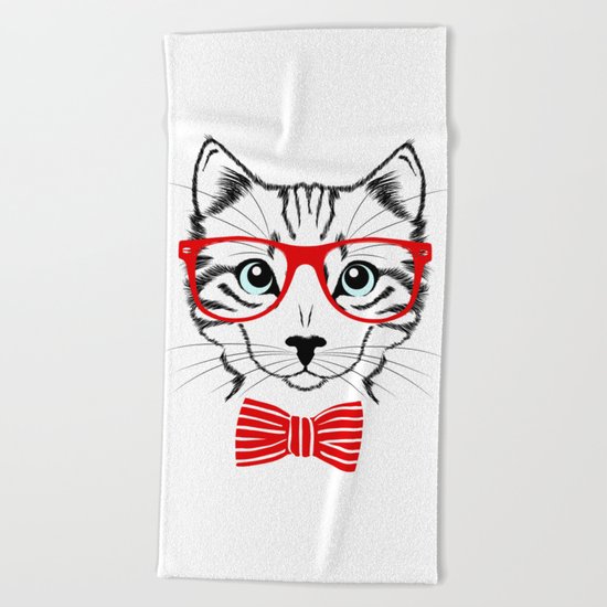 Hipster Cat with Red Glasses Beach Towel