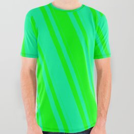 [ Thumbnail: Lime and Green Colored Lined Pattern All Over Graphic Tee ]