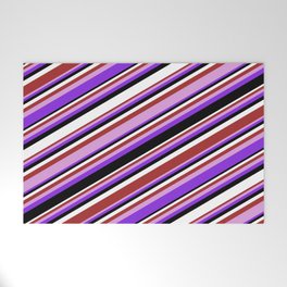 [ Thumbnail: Colorful Brown, Plum, Purple, Black, and White Colored Pattern of Stripes Welcome Mat ]