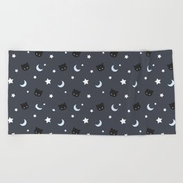 Cat Moon and stars pattern Beach Towel