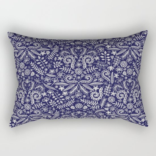 Chalkboard Floral Doodle Pattern in Navy & Cream Rectangular Pillow