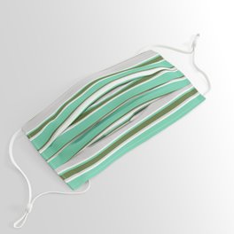 [ Thumbnail: Aquamarine, Dark Olive Green, Light Grey, and Mint Cream Colored Pattern of Stripes Face Mask ]