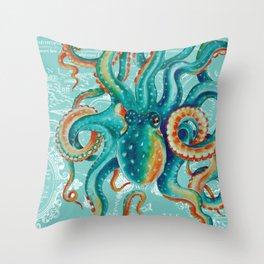 Teal Octopus On Light Teal Vintage Map Throw Pillow
