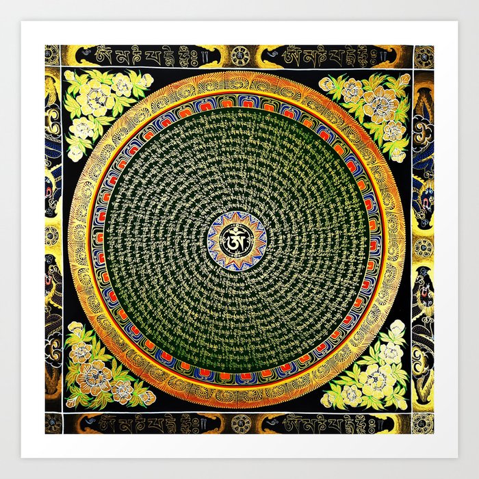 Om Mantra Tibetan Mandala Green Art Print