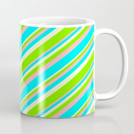 [ Thumbnail: Light Yellow, Green, Light Pink, and Cyan Colored Striped/Lined Pattern Coffee Mug ]