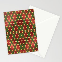 Gold Hearts on a Red Shiny Background with Green Crisscross  Diamond Lines Stationery Card