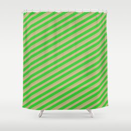 [ Thumbnail: Tan and Lime Green Colored Lines/Stripes Pattern Shower Curtain ]