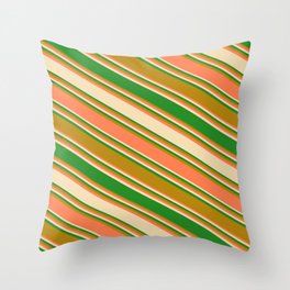[ Thumbnail: Coral, Tan, Forest Green, and Dark Goldenrod Colored Stripes/Lines Pattern Throw Pillow ]