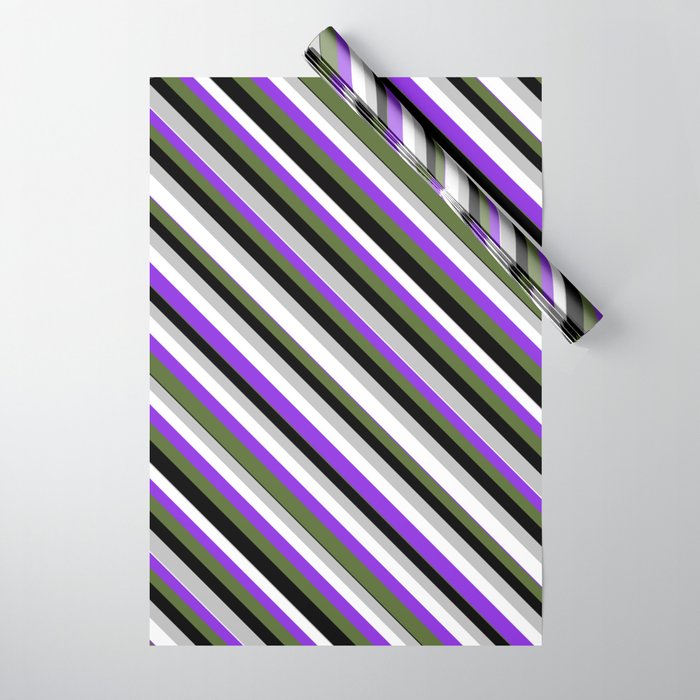 Eye-catching Grey, White, Purple, Dark Olive Green, and Black Colored Lined/Striped Pattern Wrapping Paper