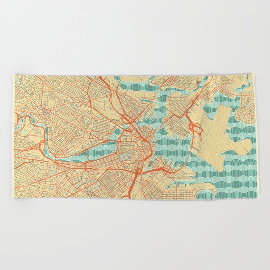 Boston Map Retro Beach Towel