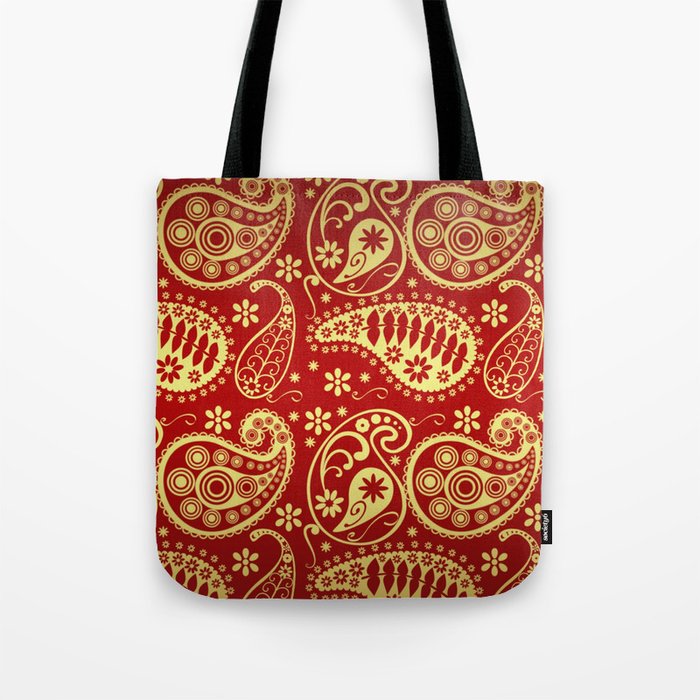 Red And Gold Bandana Paisley Christmas Pattern Tote Bag