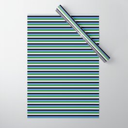 [ Thumbnail: Cornflower Blue, Forest Green, Lavender, and Black Colored Striped/Lined Pattern Wrapping Paper ]