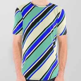 [ Thumbnail: Aquamarine, Blue, Light Yellow & Black Colored Lined Pattern All Over Graphic Tee ]